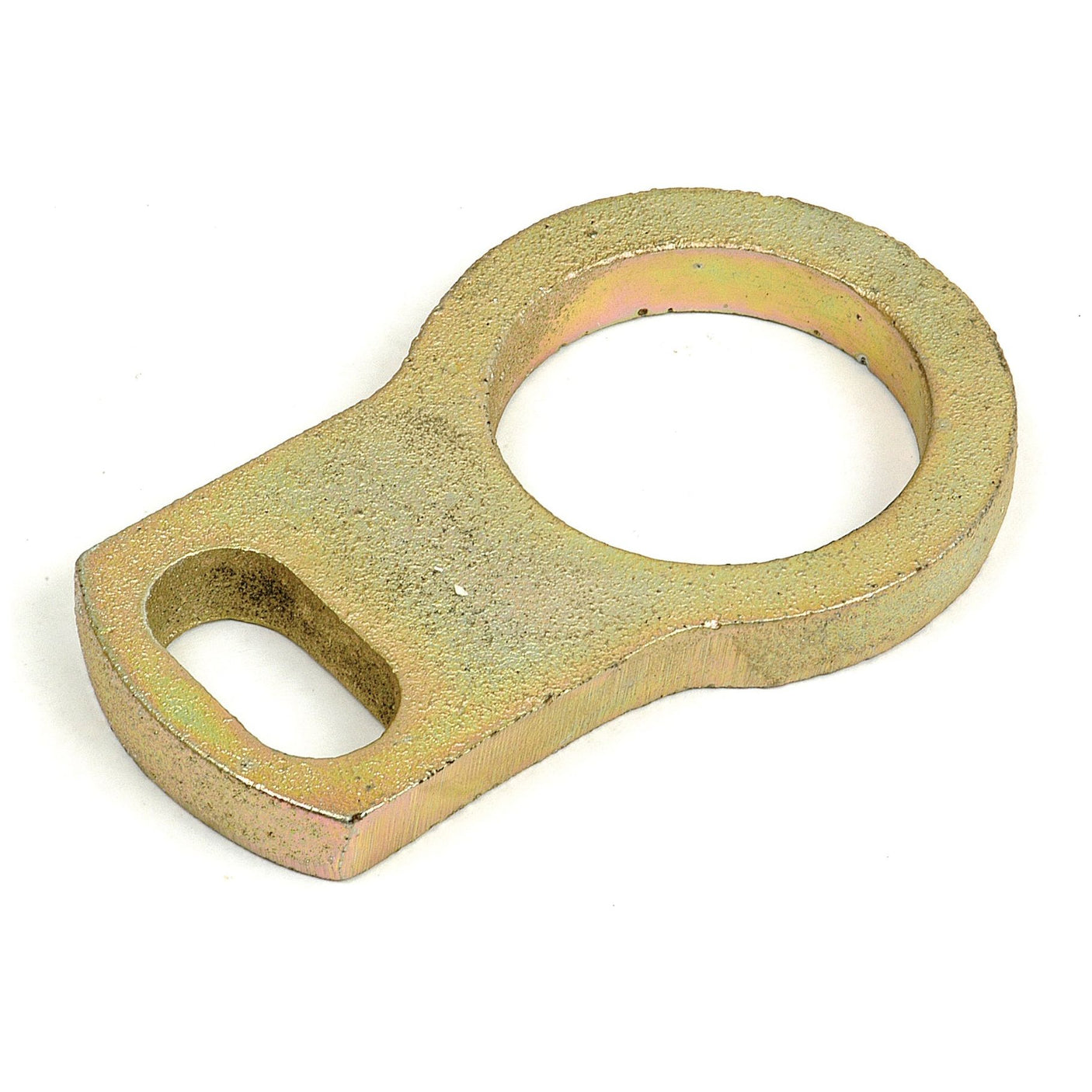 The Sparex Top Link Retainer Plate (Sparex Part No. S.17353) features a metal lifting eye plate with a circular opening and a smaller rectangular slot on one end, likely intended for securing and lifting equipment, similar to parts such as the Ford New Holland Top Link Retainer Plate.