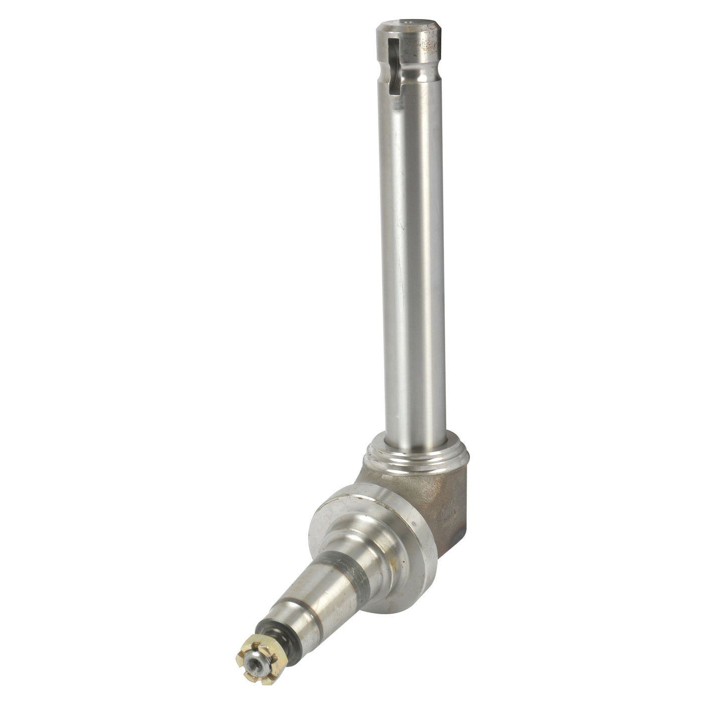 The Spindle RH & LH - High Clearance (Adjustable Front Axle - Straight) by Sparex, Part No. S.17355, is a metal machine part with a cylindrical body, wider base, and intricate small tip featuring grooves and ridges for mechanical integration—ideal as a spindle in high clearance systems.