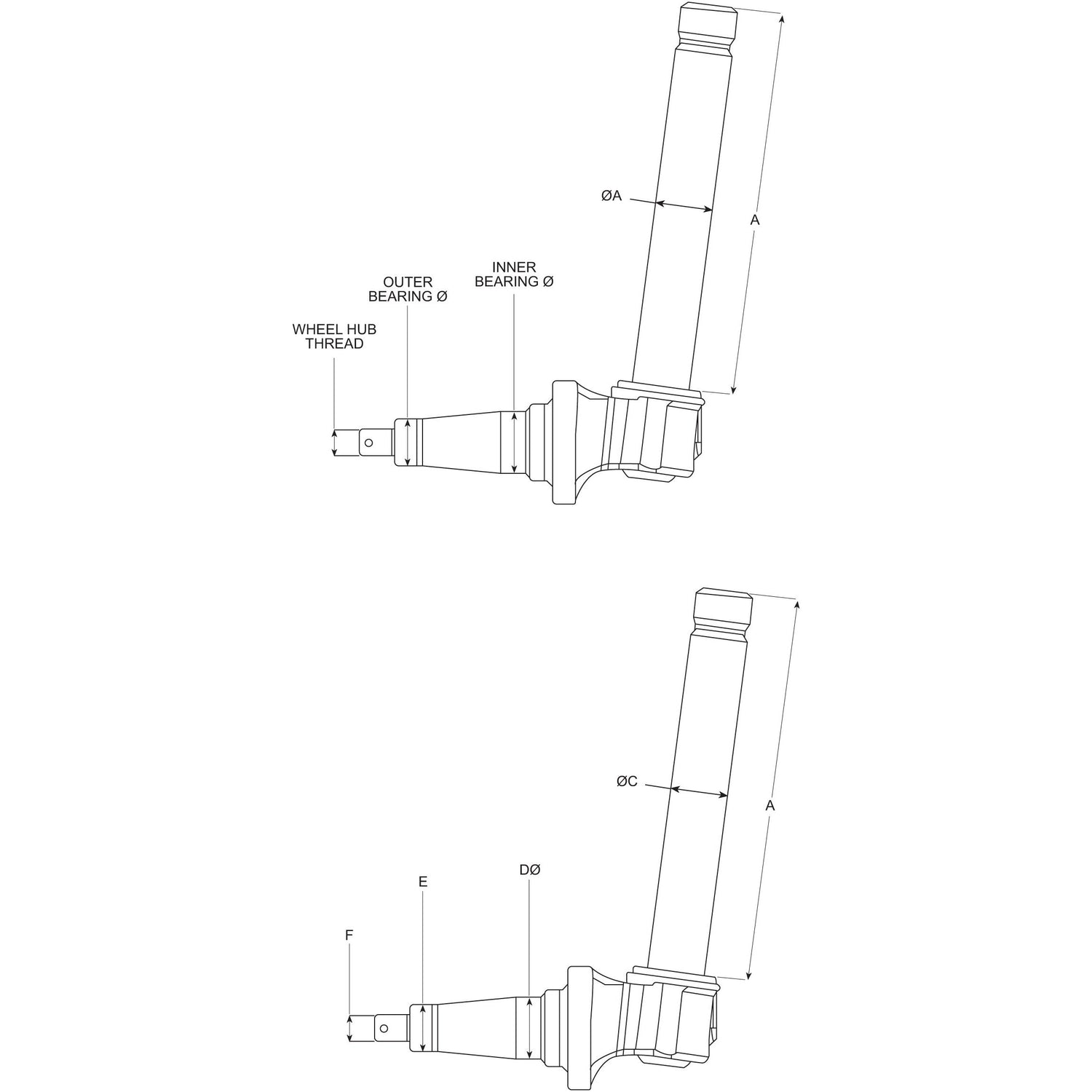Technical drawing depicting two views of the Sparex Spindle RH & LH - High Clearance (Adjustable Front Axle - Straight) | Sparex Part No.S.17355, with labeled dimensions for outer bearing, inner bearing, wheel hub thread, lengths A and C, and diameter D. This high clearance design caters to an adjustable front axle setup from Sparex, ensuring optimal functionality.