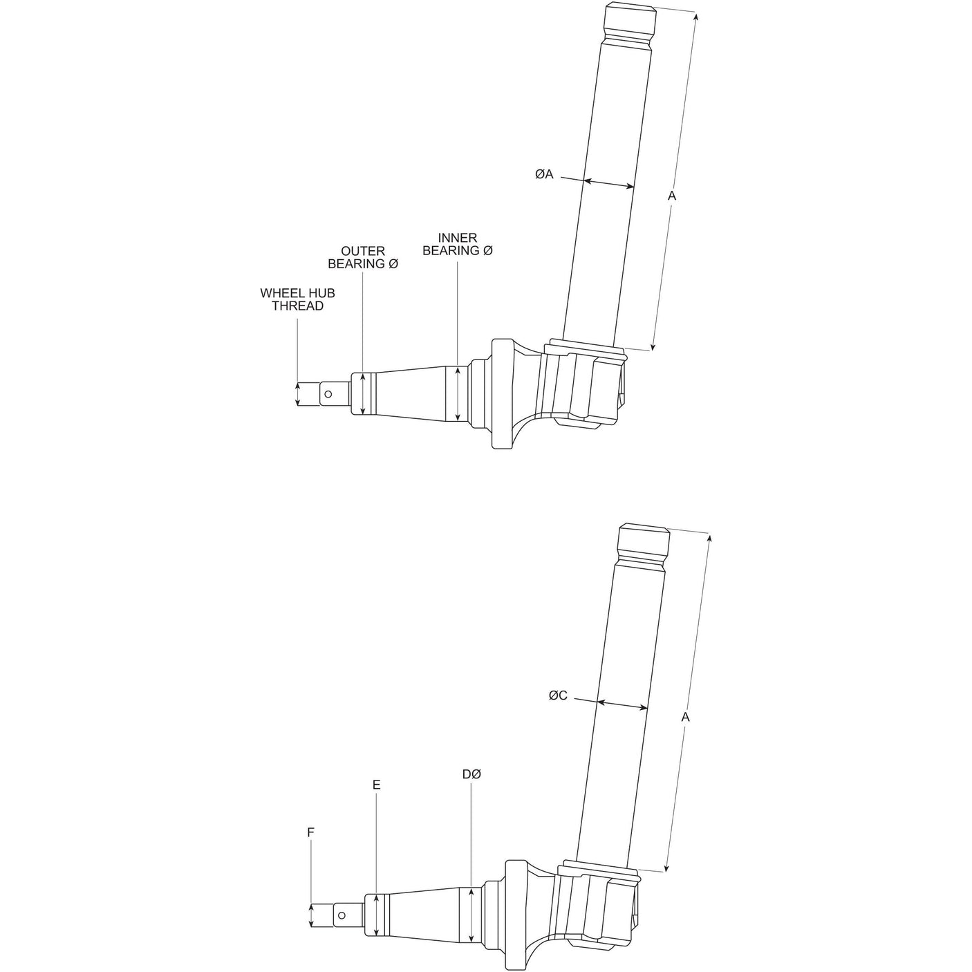 Technical drawing depicting two views of the Sparex Spindle RH & LH - High Clearance (Adjustable Front Axle - Straight) | Sparex Part No.S.17355, with labeled dimensions for outer bearing, inner bearing, wheel hub thread, lengths A and C, and diameter D. This high clearance design caters to an adjustable front axle setup from Sparex, ensuring optimal functionality.