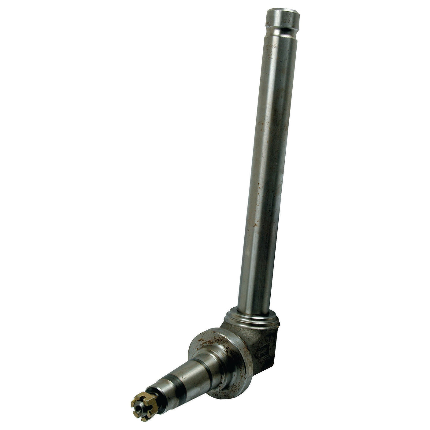 The Spindle RH & LH - High Clearance (Adjustable Front Axle - Straight) by Sparex, part number S.17359, is a heavy-duty metal mechanical component featuring a cylindrical stem that connects to a right-angle housing with a gear-like feature at the end, specifically engineered for adjustable front axles on Case IH machinery.