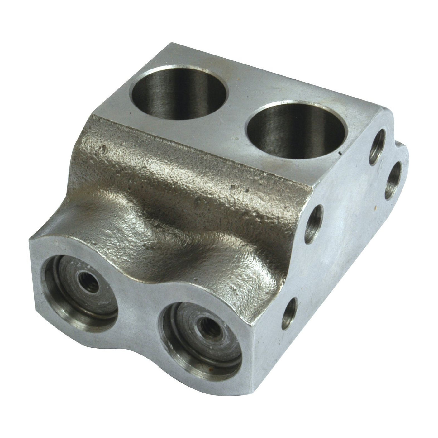 A machined metal block with two large circular holes and multiple smaller drilled holes arranged in a precise pattern, akin to components found in the robust **Valve Chamber by Sparex, Part No. S.17369**.