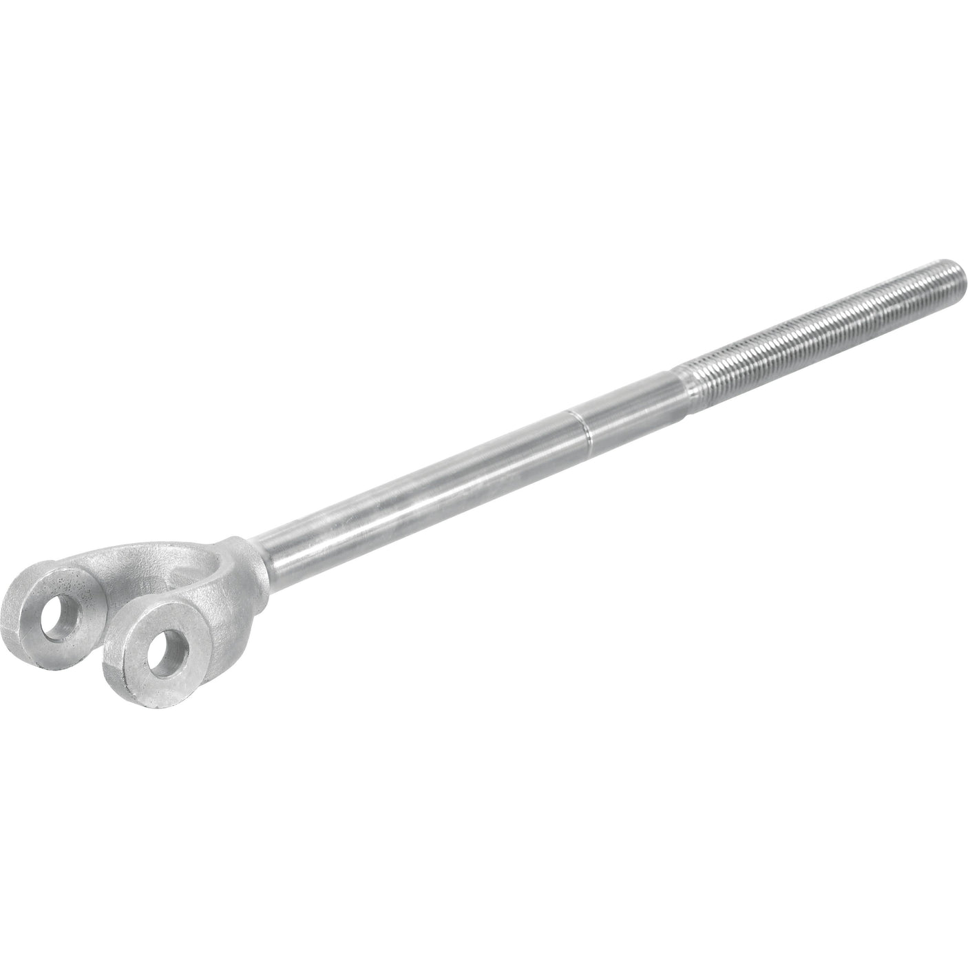 A metal rod with a 7/8 UNC threaded end and a forked eyelet on the opposite end, featuring a specific fork hole diameter, typically used in mechanical or structural applications. This product is known as the Levelling Box Yoke - 7/8 UNC by Sparex (Part No. S.17400).