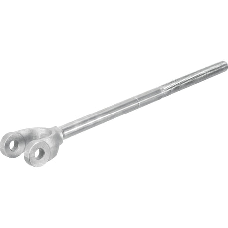 A metal rod with a 7/8 UNC threaded end and a forked eyelet on the opposite end, featuring a specific fork hole diameter, typically used in mechanical or structural applications. This product is known as the Levelling Box Yoke - 7/8 UNC by Sparex (Part No. S.17400).