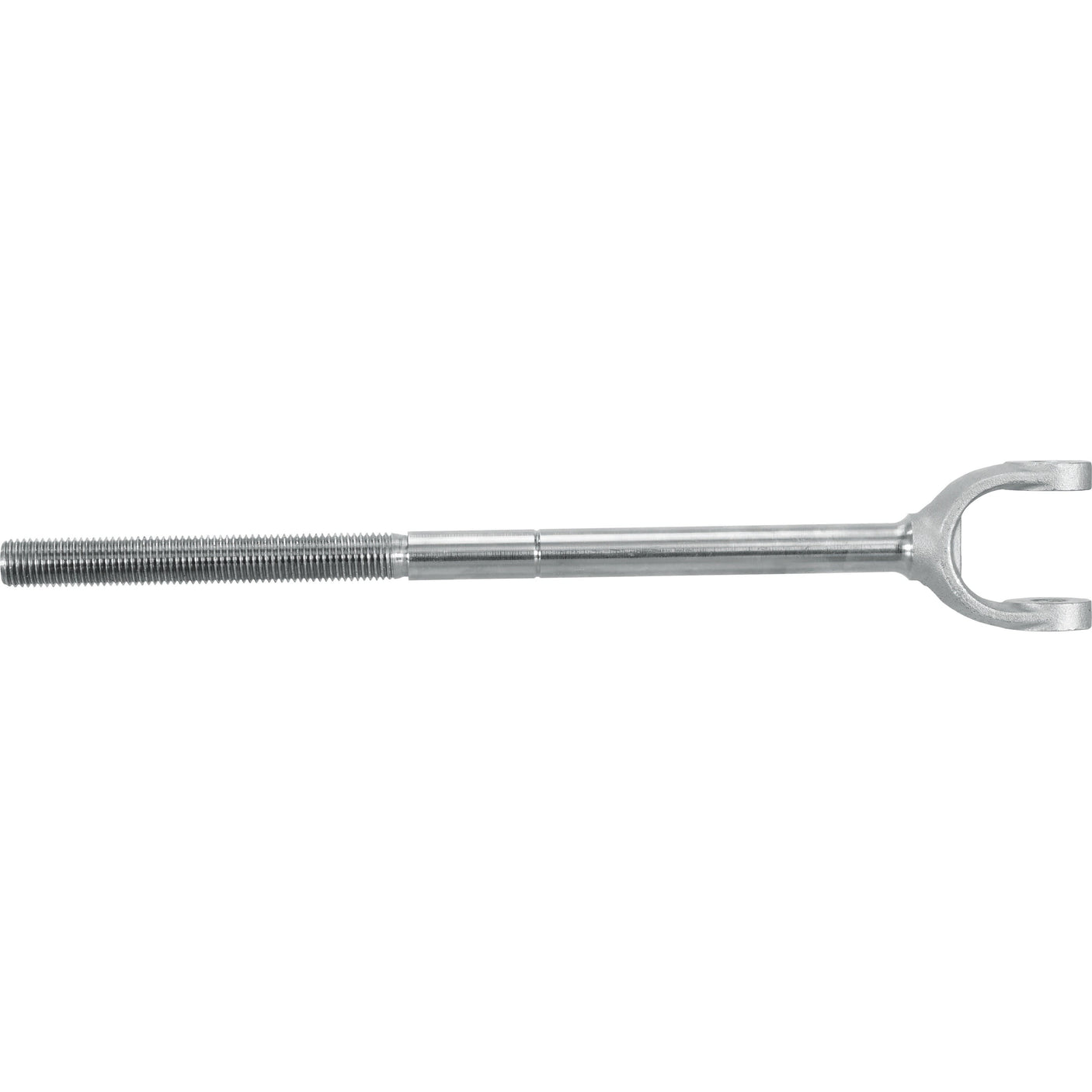 The Levelling Box Yoke - 7/8 UNC (Sparex Part No. S.17400) from Sparex features a metal turnbuckle with a threaded rod on one end and a U-shaped fork on the other, ideal for tensioning or adjusting the length of cables and ropes. It's perfect for applications requiring precise fork hole diameter adjustments, including those involving International Harvester equipment.