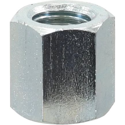 A silver hexagonal Sparex Levelling Box Fork Nut (Sparex Part No.S.17401) with a threaded interior.