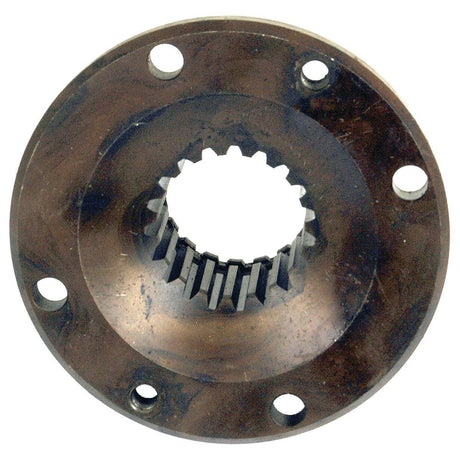 Introducing the Hydraulic Pump Coupling (Sparex Part No.S.17436) by Sparex: a round metal gear with a central hole featuring teeth and five surrounding smaller holes, reminiscent of components found in Case IH machinery. The surface displays signs of wear and discoloration.