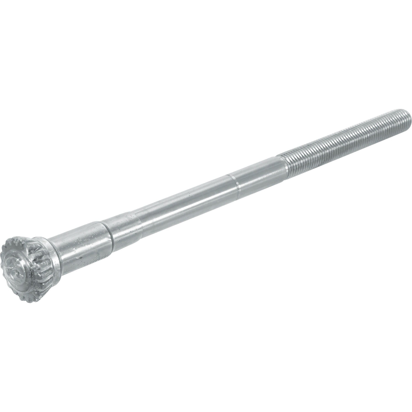 The Levelling Box Shaft - 7/8 UNC - Splines 18 from Sparex (Part No.S.17459) is a long metal bolt with a threaded end and a cog-like head, designed for mechanical or construction use, featuring an extended thread length.