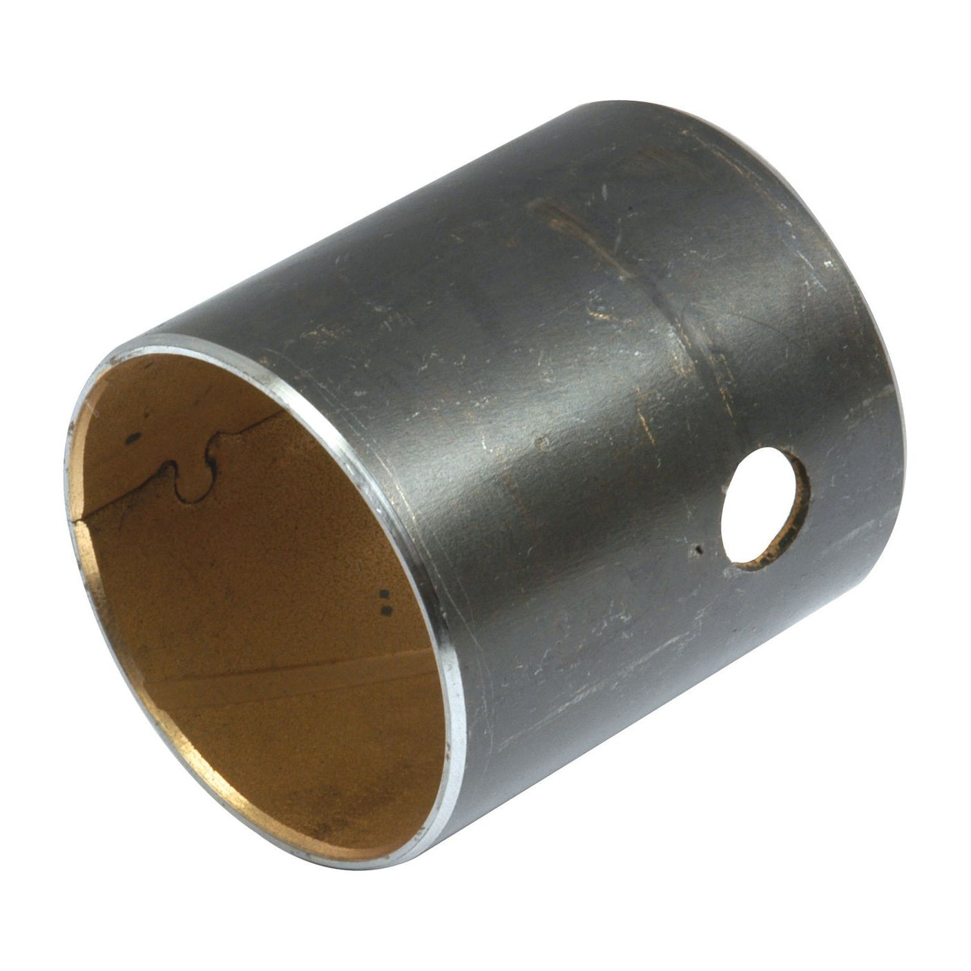 The Spindle Bush (Sparex Part No. S.17473) from Sparex is a cylindrical metal bushing with a side hole that echoes the design used in International Harvester machinery. Its interior is lined with an additional material to increase durability.