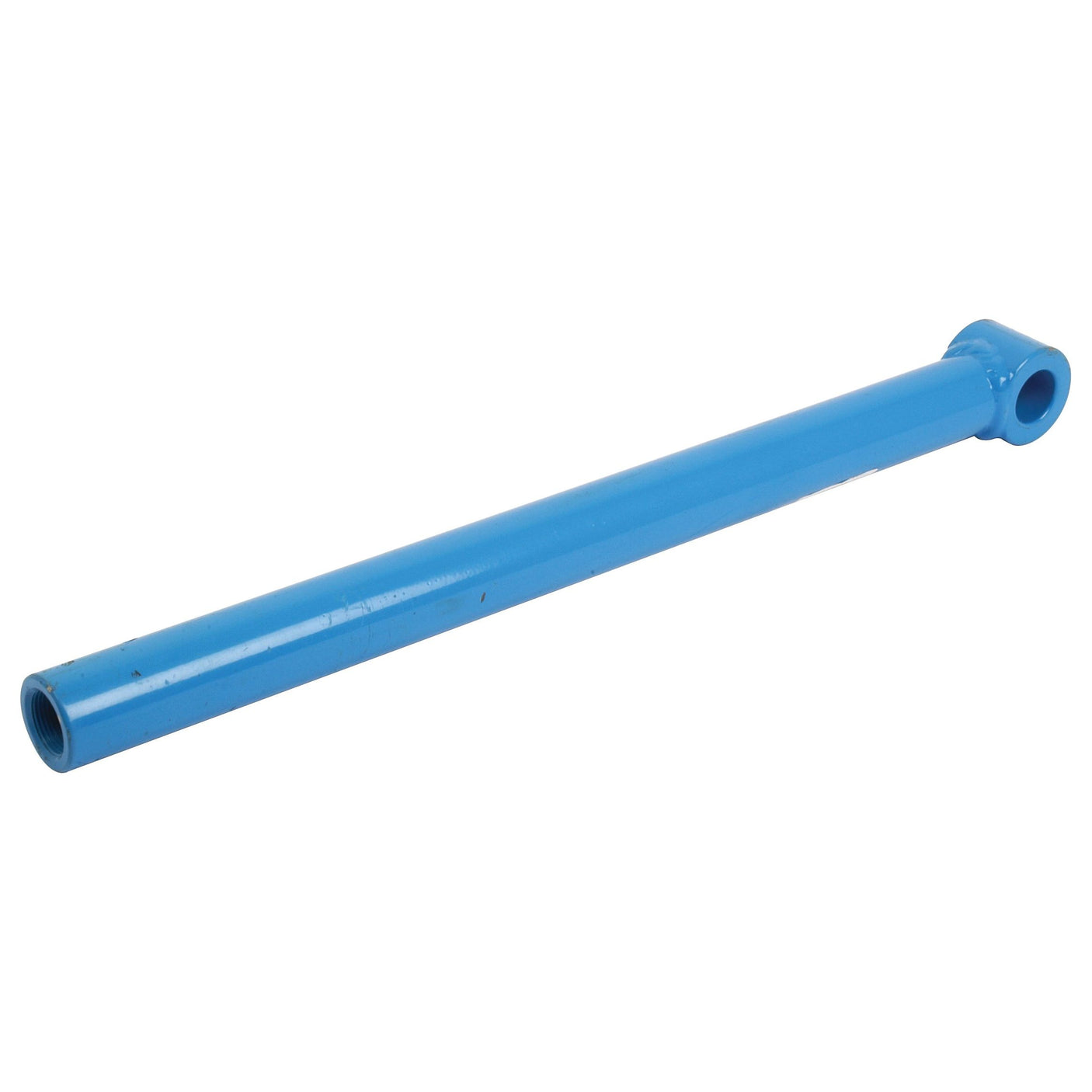 A blue, cylindrical rod with a hole at one end, reminiscent of a Sparex Auto Hitch Tube - Long (Sparex Part No. S.17494) for a Ford / New Holland, lies on a white surface.