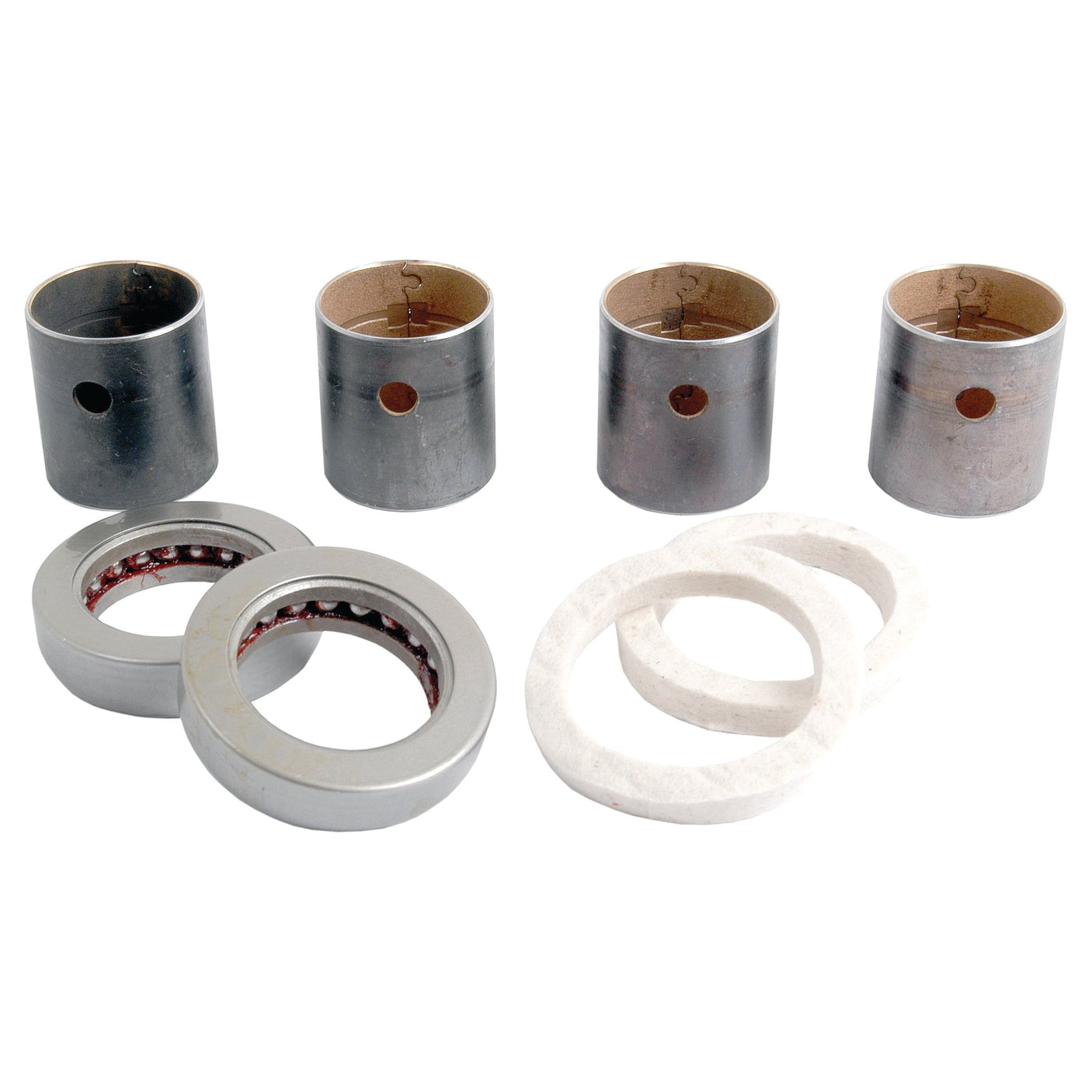 The Spindle Repair Kit (Sparex Part No. S.17501) by Sparex features four cylindrical metal bushings, two metal ball bearings, and three white washers neatly displayed on a white background.