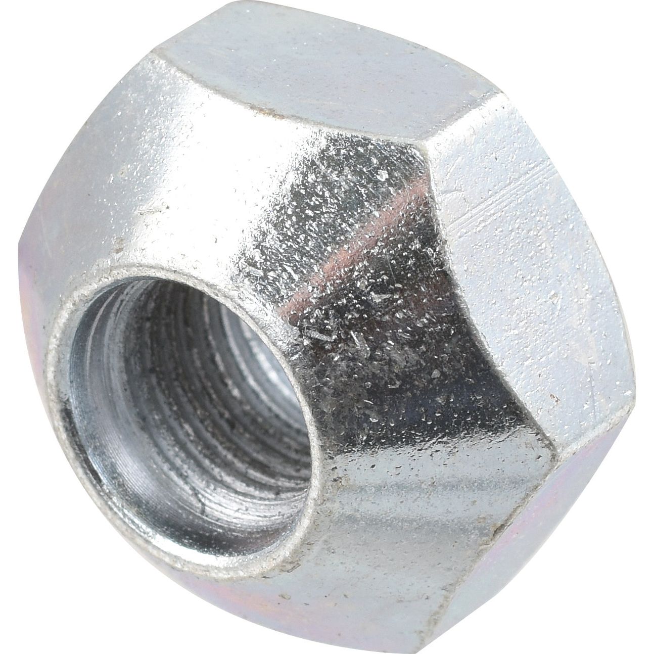 Close-up image of the Cone Wheel Nut, 1/2'' UNF (Sparex Part No.S.1756) from Sparex, a hexagonal metal nut with a threaded inner hole, ideal for Nut-Wheel applications on Massey Ferguson machinery.