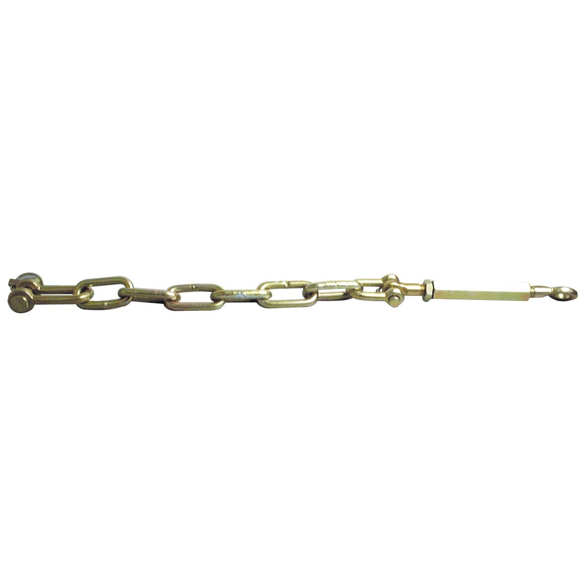 A Stabiliser Chain with a threaded turnbuckle and end fittings, used for tensioning or securing loads, often found in Sparex accessory kits for Massey Ferguson equipment. This specific model is the Stabiliser Chain - D-Shackle Ø19mm - Eyebolt Ø23mm - Min. Length: 795mm - 3/4 UNC (Sparex Part No. S.176).