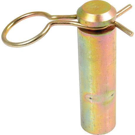 The Sparex Swinging Drawbar Location Pin and Clip (S.17725) is a metallic pin with a round head and a loop, featuring a pink and yellow iridescent finish. It has an overall length of 95mm and fits Ford/New Holland machines with its substantial diameter of Ø28.6mm.