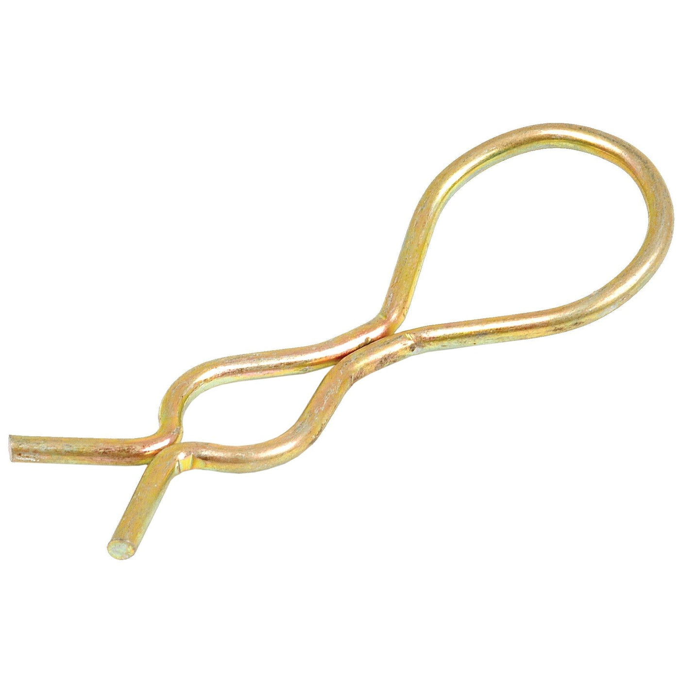 The Swinging Drawbar Retaining Pin Spring Clip from Sparex, with a clip diameter of 4mm and length of 100mm (Sparex Part No.S.17743), is a gold-colored R-clip commonly used for securing the position of components on machinery or equipment.