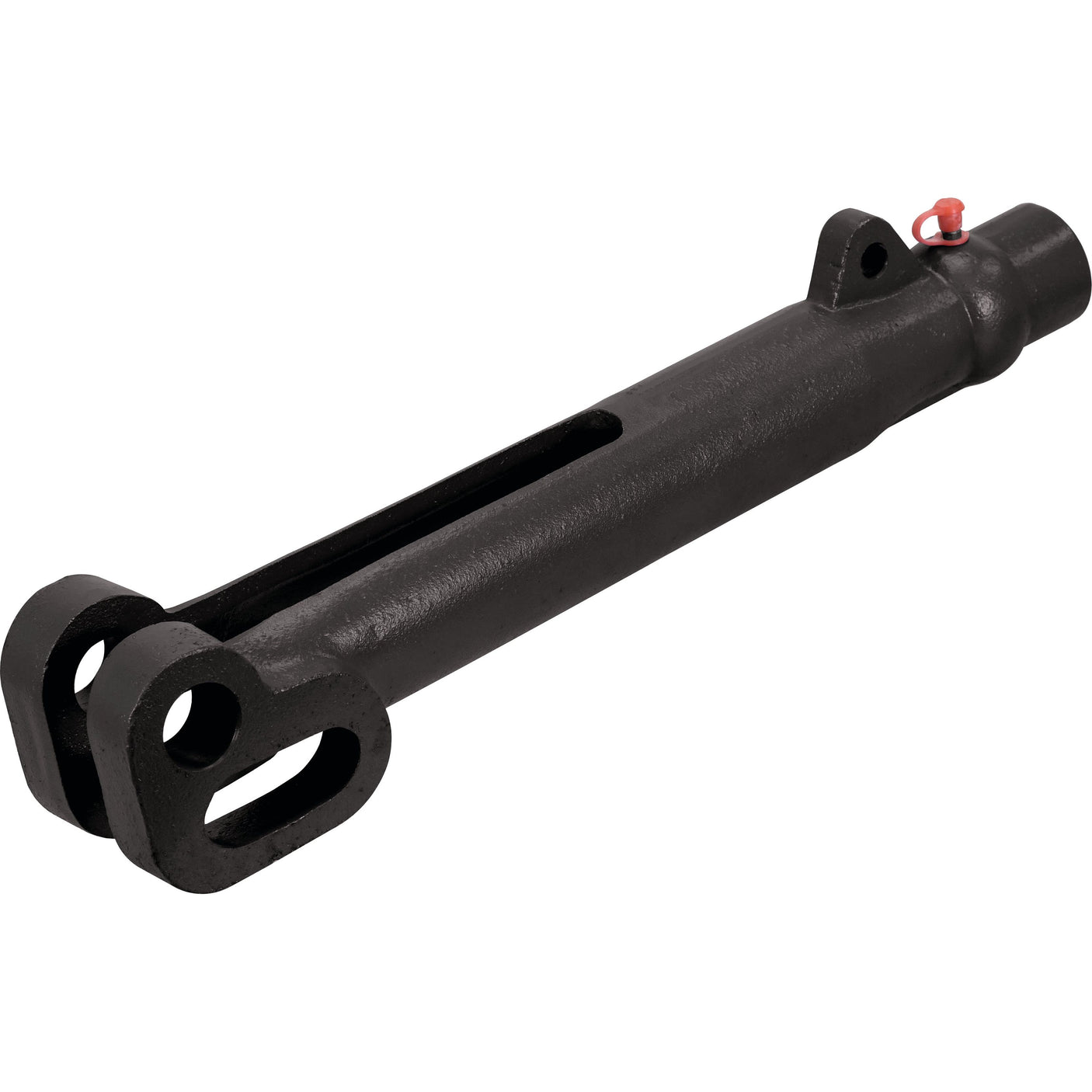 The Sparex Levelling Box Fork (Sparex Part No. S.17800) is a black metal linkage arm featuring two holes on one end and a single hole with a red pin on the other end, designed for mechanical or industrial use and compatible with Ford New Holland tractors.