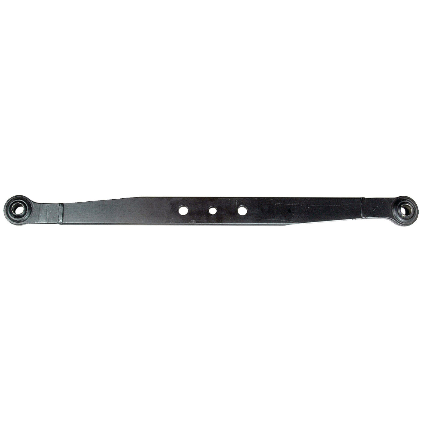 The Sparex Lower Link Lift Arm, part number S.17830, is an elongated black metal bar featuring three circular holes in the center along with round attachment points on either end. This product is compatible with Black Ball Fittings and has ball diameters of 22mm at both ends, accommodating right-hand and left-hand configurations.