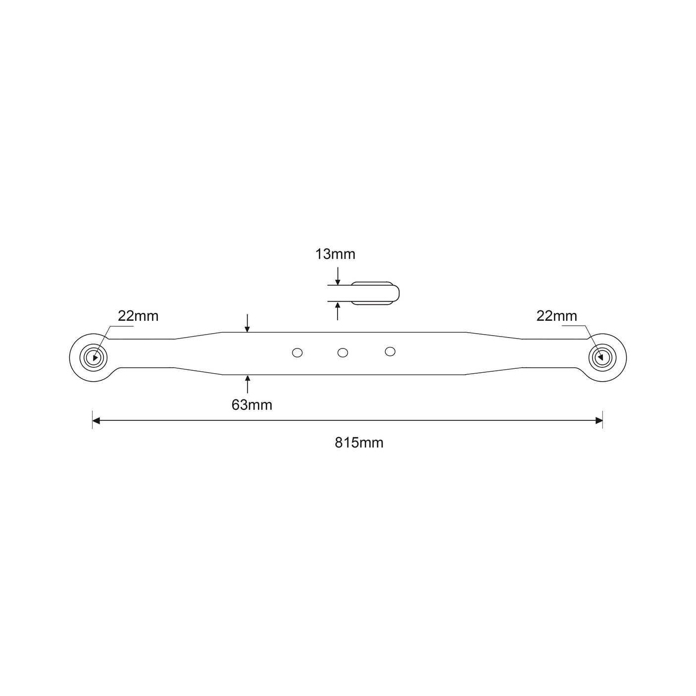 The Sparex Lower Link Lift Arm - Ball Ø 22mm - RH & LH (Sparex Part No.S.17830) features a technical design with an 815mm length, thicknesses of 22mm at both ends and 13mm at the midpoint, three 13mm diameter holes spaced 63mm apart. This product is ideal for use with Black Ball Fittings.