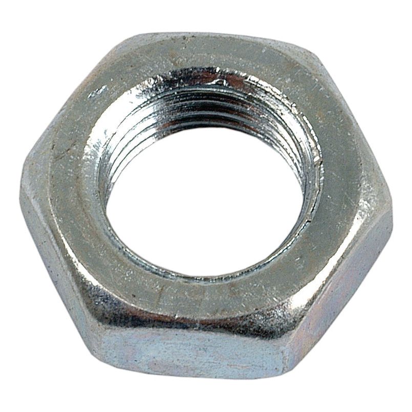 Close-up view of a Sparex Imperial Half Lock Nut, Size: 3/8'' UNF (DIN 439B) with its zinc-plated threaded interior and reflective surface.