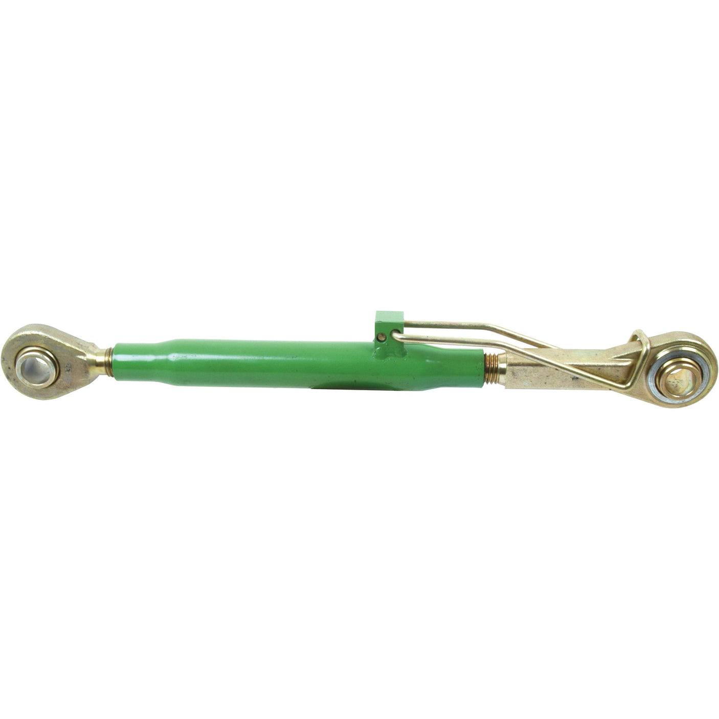 The Sparex Top Link (Cat.2/2) Ball and Ball, 1 1/8'', Min. Length: 549mm - S.17841 is a green hydraulic top link for a tractor, featuring an adjustable tube length and two metallic connectors at both ends. It is perfectly compatible with John Deere tractor parts.