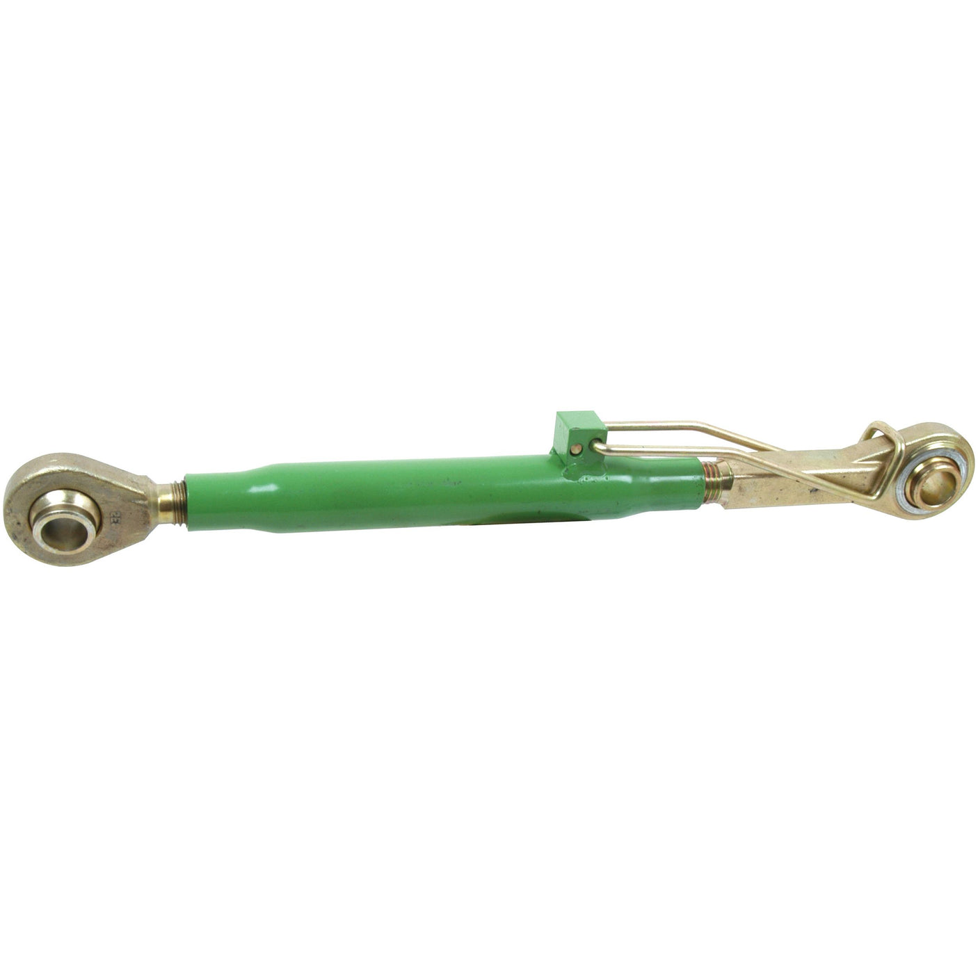 The Sparex Top Link (Cat.2/2) Ball and Ball, 1 1/8'', Min. Length: 549mm (S.17841) in green, featuring metal fittings and rod ends on both sides with an adjustable tube length, is ideal for John Deere tractor parts.