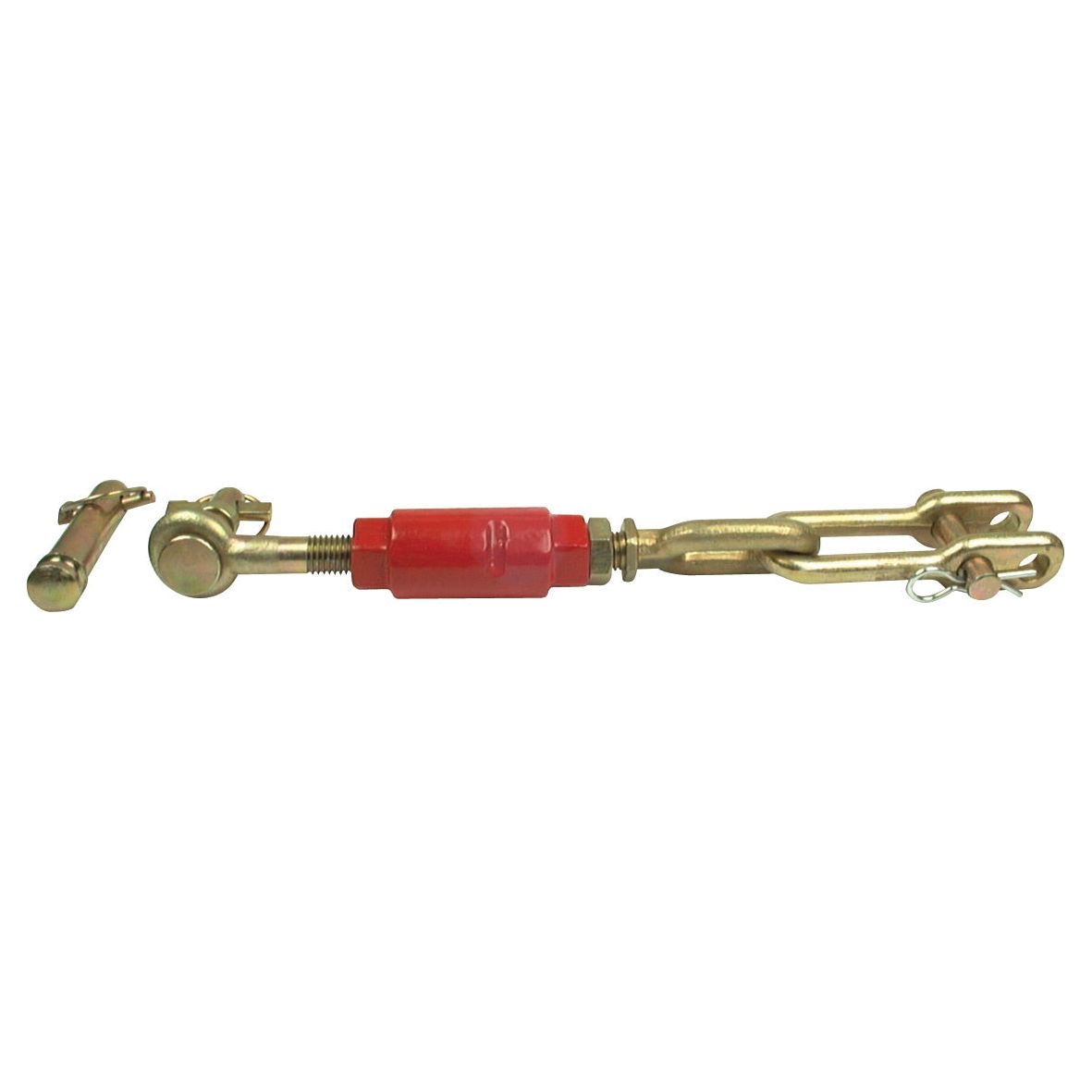 A Sparex Stabiliser Chain (Sparex Part No. S.17843), featuring a red adjustment body reminiscent of Case IH machinery and accompanying pins, lies horizontally against a white background, with a minimum length option of 349mm and 416mm.