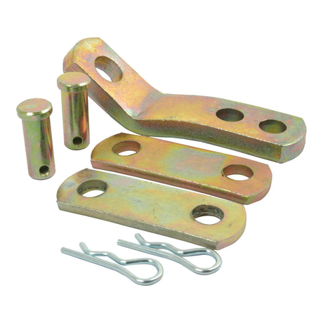 A set of metal hardware components, ideal for Massey Ferguson tractors, includes two L-shaped brackets, two flat plates with holes, two cylindrical pins, and two cotter pins. All items feature a yellowish metallic finish. This set is available under the name Check Chain (with 3 links and Hole Ø) by Sparex, Part No.S.1791.