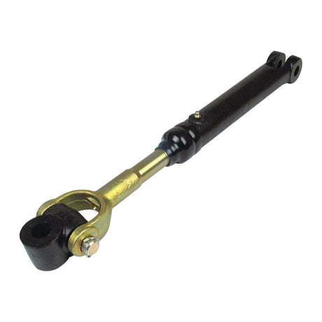 The Sparex Levelling Box Assembly (Sparex Part No. S.17954), featuring a knuckle Ø 16.5mm, fork hole Ø 16mm, and minimum length of 495mm, with a black and gold finish. It includes a bracket and mounting hole on one end and is compatible with Massey Ferguson equipment.