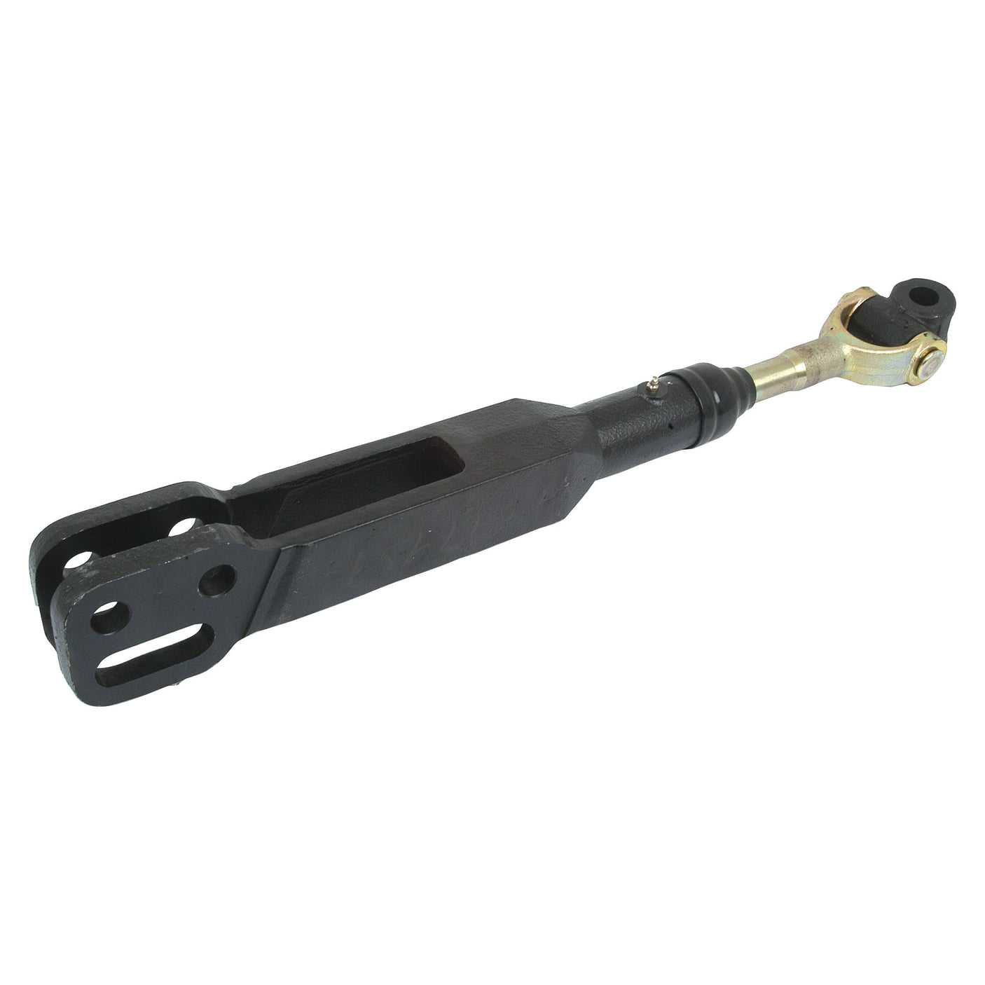 The Levelling Box Assembly - Knuckle Ø 22mm - Fork Hole Ø 20 & 21x63mm - Min. Length:565mm - 1 UNC | Sparex Part No.S.17959, an adjustable component by Sparex, features a black metal body with a brass-colored Spenco End Fitting and is typically used for tensioning or supporting structures.