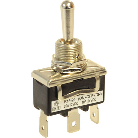 The Sparex Toggle Switch, (On)/Off/(On) Sprung Centred | Sparex Part No.S.18000, is a versatile metal toggle switch featuring three spade terminals, a lever, and a label displaying electrical specifications: 20A 12VDC and 10A 24VDC. This switch is suitable for both 12/24V applications.