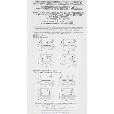 Instructions for the installation of 565mm x 140mm rear Reflector Panels (Sparex Part No. S.18048) on trucks and trailers, available in Italian and French. Diagrams illustrate the various configurations for mounting the Sparex Reflector Panels.