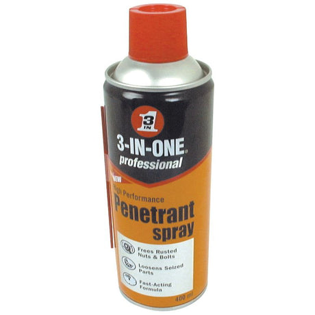 A 400ml can of WD-40 3 In 1 Penetrant Spray, also known as Sparex Part No.S.18051, features a red cap and highlights its use for freeing rusted nuts and bolts, loosening seized parts, and its fast-acting formula. Similar to WD-40, it's your go-to solution for tough jobs.