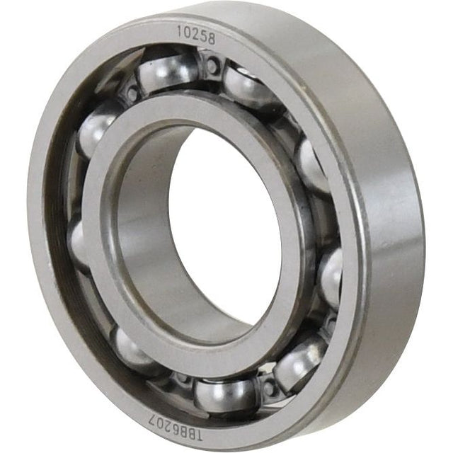 A Sparex Deep Groove Ball Bearing (6207Open) - S.18057, featuring multiple steel balls encased in a circular metal frame, is available in silver.