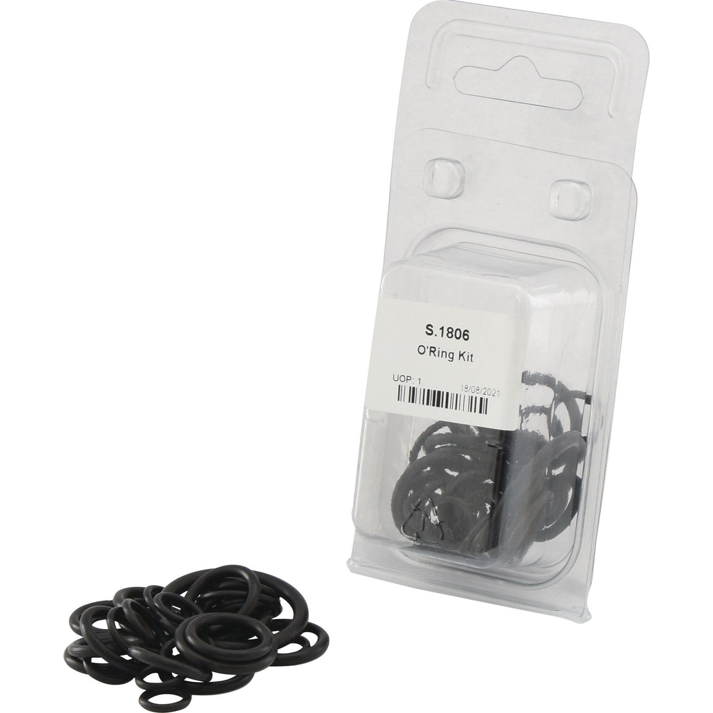 A package labeled "O'Ring Kit | Sparex Part No. S.1806" from the brand Sparex, containing black O-rings suitable for general-purpose needs, is displayed, with several loose O-rings placed in front of the packaging.