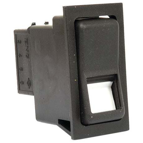 A close-up of the Sparex Rocker Switch - Universal Fitting, 3 Position (Off/1/2) - S.18129, a black rectangular switch with a cut-out section at the bottom, mounted on a connector. This latching switch is rated at 12V DC and features IP65 protection.