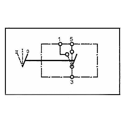 Diagram of an electrical circuit showing a Rocker Switch - Universal Fitting, 3 Position (Off/1/2) - S.18129 manufactured by Sparex, with positions labeled 1, 3, and 5. The switch operates on 12V DC, with connections displayed using solid and dashed lines. The setup meets IP65 standards for dust and water resistance.