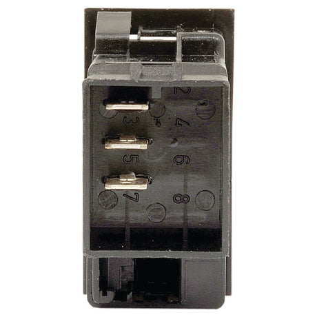 Close-up view of a black rectangular electrical connector featuring numbered pin slots labeled 2, 4, 6, 8 on one side and 3, 5, 7 on the other. This connector is designed for IP65-rated environments and is compatible with the Sparex Rocker Switch - Universal Fitting, 3 Position (Off/1/2) - S.18129 in a 12V DC system.