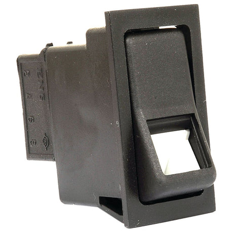 A black Sparex Rocker Switch - Universal Fitting (2 Position On/Off) - S.18144, complete with a white rectangular actuator, housed in a black plastic panel housing and boasting an IP65 rating for water resistance.