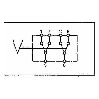 Schematic diagram of a Rocker Switch - Universal Fitting, 2 Position (On/Off) - S.18144 from Sparex connected to a circuit, labeled with numbers 1 to 8 and marked with "I" for input voltage and "0" for ground or output.