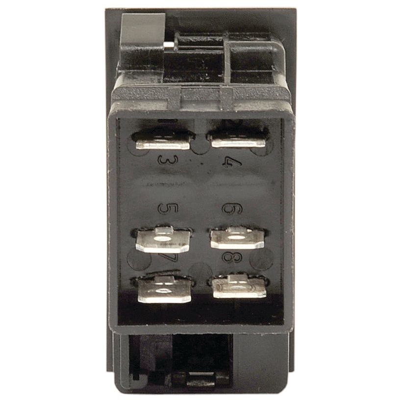 A close-up view of the Rocker Switch - Universal Fitting, 2 Position (On/Off) - S.18144 by Sparex, featuring a black plastic electrical connector with eight metal prongs arranged in two columns and showcasing a 12V latching switch design.