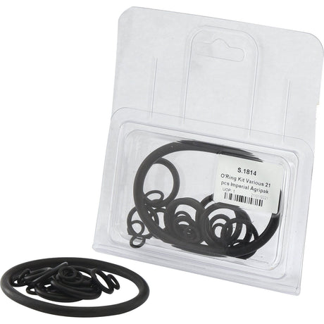 The O'Ring Kit Various 21 pcs Imperial Agripak by Sparex (Sparex Part No. S.1814) is a transparent package containing assorted black rubber O-rings in various sizes, making it ideal for your hydraulic system maintenance. The kit elegantly displays some O-rings inside the package, with a few arranged outside for easy viewing.