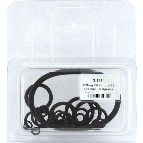 A plastic package containing various sizes of black O-rings, labeled "O'Ring Kit Various 21 pcs Imperial Agripak | Sparex Part No. S.1814" from the brand Sparex, perfect for your Case IH hydraulic system.