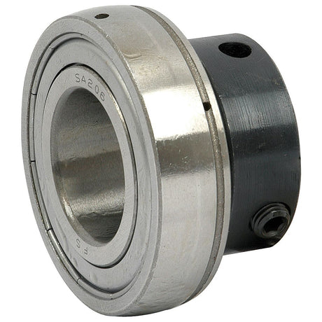 Close-up of a metallic bearing with a cylindrical hole and a black locking collar. The bearing, branded as Sparex, is labeled "Sparex Plummer Block Bearing Insert (ES205) - S.18174" on its surface.