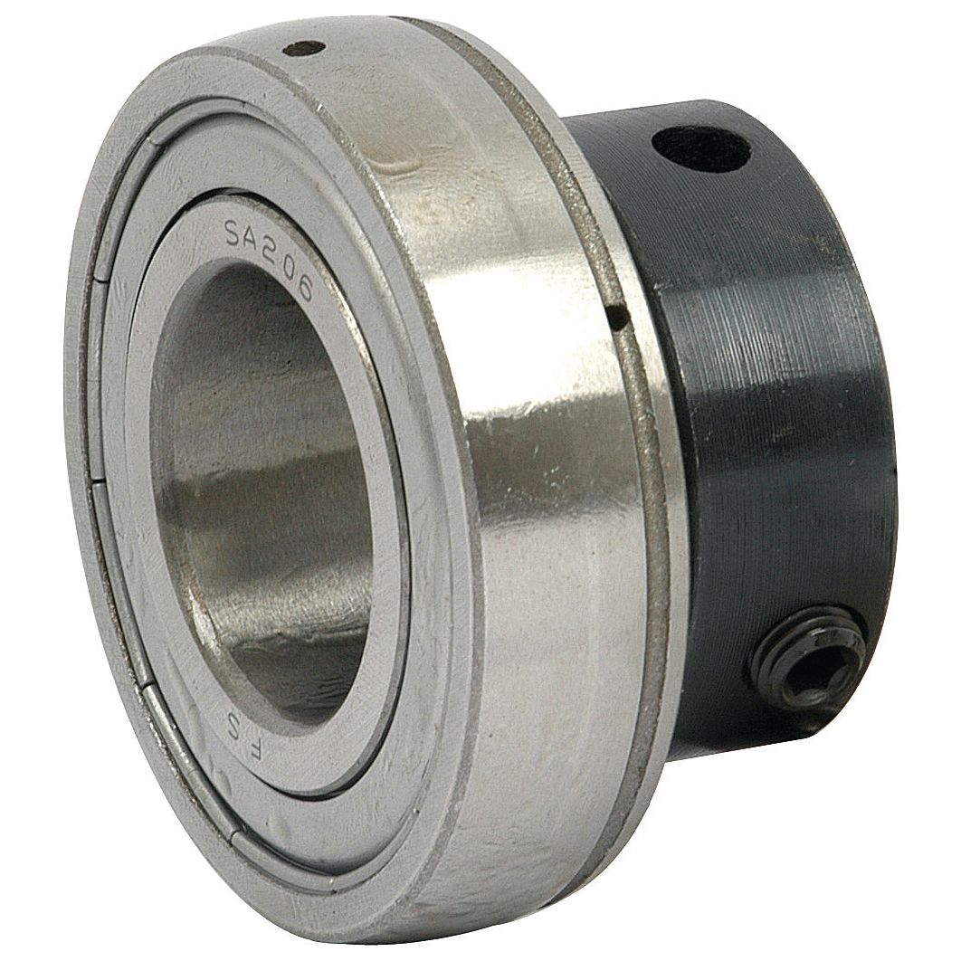 A close-up view of a metal bearing with industrial parts, including an outer ring and an inner cylindrical component. The bearing, marked "ES206," features a shiny, metallic finish and is equipped with a locking collar for secure placement. This precision-engineered Plummer Block Bearing Insert (S.18175) from Sparex ensures durability and reliability.