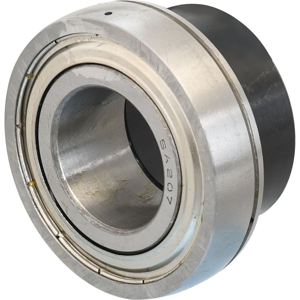 The Sparex Plummer Block Bearing Insert (ES207) - S.18176 is a cylindrical metal bearing with polished surfaces and markings, featuring an inner and outer ring designed for mechanical applications. It includes a locking collar bearing for secure installation.