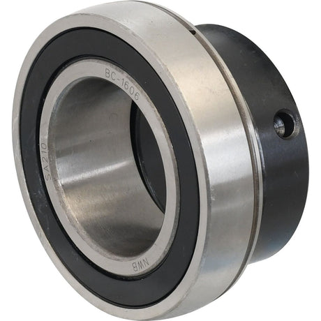 A Sparex Plummer Block Bearing Insert (ES210) - S.18179, featuring a silver metallic outer ring and a black inner ring, along with a bearing lock collar for secure installation.