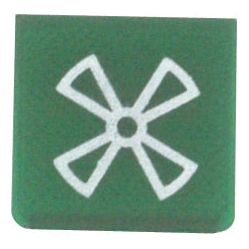 The Rocker Switch Insert - Fan by Sparex (Part No. S.18189) is a green square button featuring a white four-blade fan symbol in the center, ideal for your Massey Ferguson or to use as a rocker switch insert.