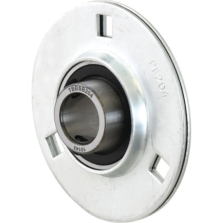 The Sparex Three Bolt Flanged Unit (USPF204), part number S.18195, is a metal bearing featuring an inner cylindrical component and an outer circular flange. This 20mm bearing includes identification markings and two slots on the outer ring.