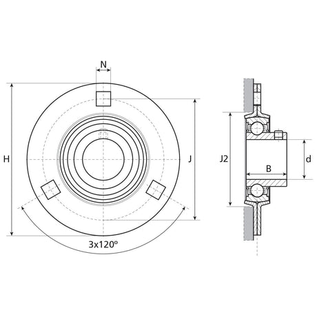 Technical drawing of a mechanical part with front and side views, showing dimensions and angles. Circular shape with several concentric circles and labeled measurements for various segments, including a 20mm bearing specific to the Sparex Three Bolt Flanged Unit (USPF204), Sparex Part No.S.18195.