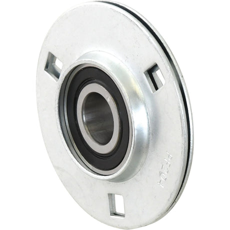 Image of a Sparex Three Bolt Flanged Unit (USPF204) with a circular shape and a central hole, surrounded by a flat flange with four rectangular cutouts evenly spaced around the edge.